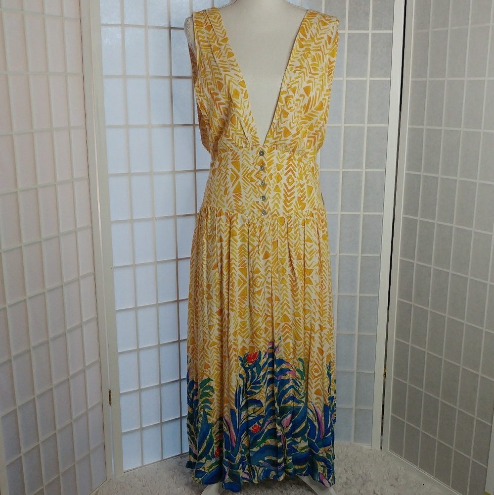 Free People Yellow Maxi Dress with Blue Floral Border
